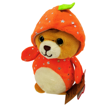 Kleines Bär-Plüschtier ca. 17 cm im orangefarbenen Drachenkostüm mit abnehmbarer Kapuze und grünen Details.